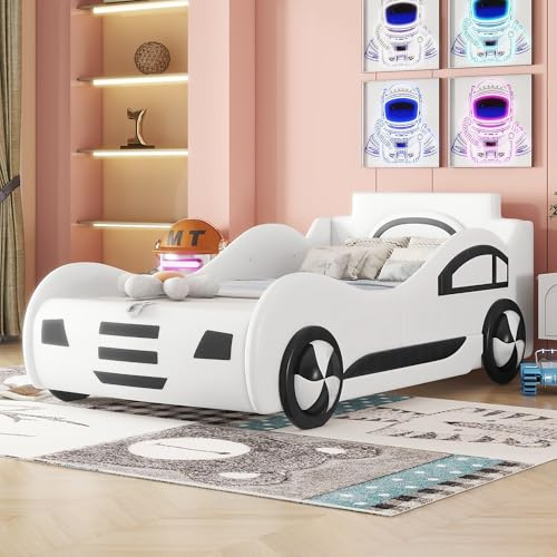 Bett 90x200 cmIn Autoform Mit Klappbarem Lattenrost Und Großem Unterbettfach, Bett Mit Stauraum Aus PU/MDF, Jugendbett Ohne Matratze Für Jugendzimmer Gästezimmer Und Schlafzimmer