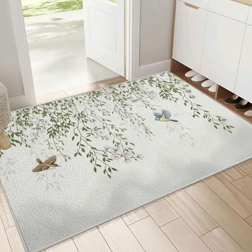 DUOTCYELE Zerbino Rami Di Salice Uccelli Ingresso Lavabile in Lavatrice Zerbino Asciugapassi Morbido Tappeto Arte Cinese Fresca per Esterno Corridoio Interno 80 x 120 cm