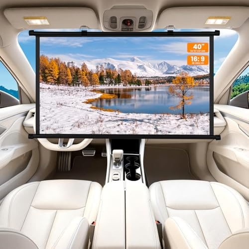 40 Inch Small Projector Screen, Upgrade Portable Pull Down & Roll Up Projector Screen for Car, SUV, RV, MPV, 16:9 HD 4K Mini Drop Down/Roll Down Movie Screen for Bedroom, Vans, Tent, Manual Rolling