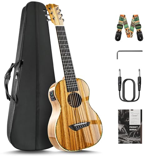 Caramel 6 String CB103G 30 Inch High Gloss Zebra Wood Acoustic & Electric Ukulele Guitalele with Truss Rod with Padded Gig Bag, Strap