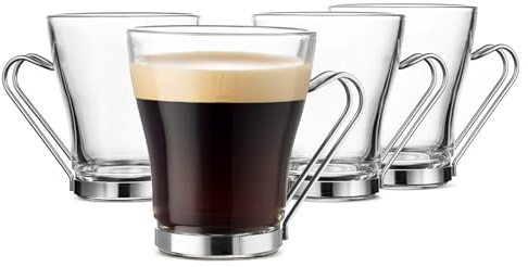 Bormioli Rocco OSLO Glass Coffee Mug - 7 ½ Ounce Espresso Cups (4 Pack) with Metal Handle Perfect Tea Glasses for hot and cold beverages, Thermal Shock Resistant, Tempered Glass, for Latte, Cappuccino