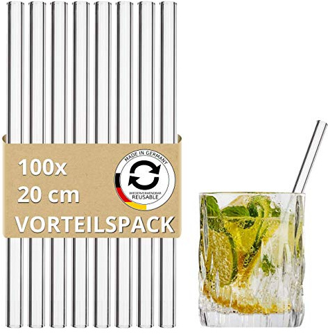 Glas Strohhalme 20 cm, 100 Stück - wiederverwendbare klarglas Trinkhalme aus Spezialglas, Nachhaltig: plastikfreie Glashalme ohne Kunststoff, Glasstrohalme für Cocktails, Smoothies, Saft, Long-Drings