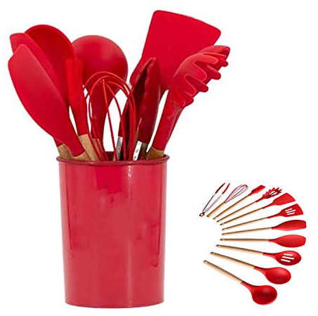 Utensilios de Cocina de Silicona Juego de Utensilios de Cocina - 446 ° F Mangos de Madera Resistentes al Calor Utensilios de Cocina Grises Juego de Utensilios de Cocina Antiadherente (Rojo-12pcs)