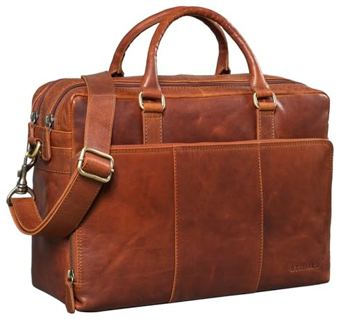 STILORD Isaac Leder Businesstasche Vintage Umhängetasche 13,3 Zoll Laptoptasche Bürotasche Aktentasche Lehrertasche Ledertasche Damen Herren Echt Leder Farbe:tan - Dunkelbraun