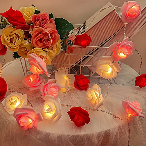 RECUTMS Rose String Lights, 3M/10FT, 20LED, Red+Pink+White | Battery Operated Flower Fairy Light,Soft and Lightweight,for Valentine's Day Wedding Mother's Day Anniversary Decor