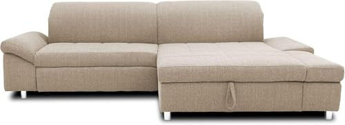 DOMO. collection Ecksofa Mika, Longchair rechts mit Schlaffunktion, beige | Longchair rechts mit Schlaffunktion, Bettkasten, Armlehnfunktion und Chromfüßen, 260 x 178 x 80 cm (BxTxH)