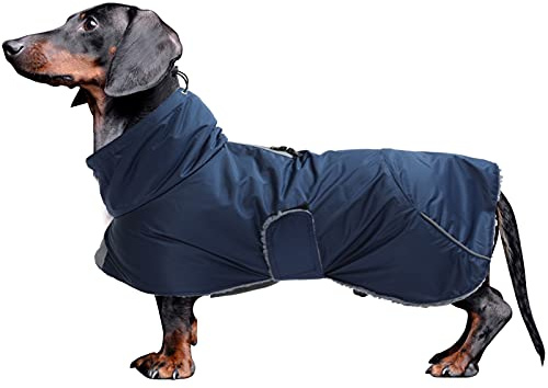 MOREZI Hundejacke ist eine wasserdichte, mit Fleece gefütterte Hundewinterjacke mit verstellbarem Gürtel und Reflexbesatz, geeignet für Dackel und ähnliche Rassen-Navy blau-M