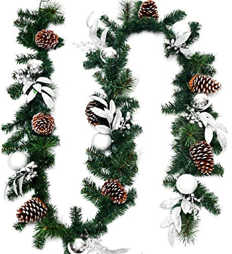 GIANTEX künstliche Weihnachtsgirlande 270cm, Tannengirlande mit LED-Beleuchtung, Dekogirlande Weihnachtsdeko Girlande geschmückt mit Tannenzapfen & Kugeln, Hängende Girlande flexibel einsetzbar