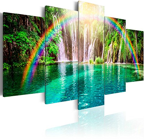 B&D XXL - Akustikbild Wasserfall Regenbogen 5 tlg - Bilder Akustikschaum Schallschutz Wand Deko Kunst Akustikpaneele Wandpaneele Schalldämmung Wandbild Schallabsorber Akustikplatten c-A-0071-b-n