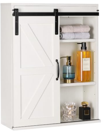 RUSTOWN Farmhouse Wood Wall Storage Bathroom Cabinet with Sliding Barn Door, Rustic Medicine Cabinet with Adjustable Shelf, 3-Tier Vintage Cabinet for Kitchen, Bathroom, Living Room (Vintage White)