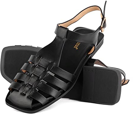 MaxMuxun Women's Flat Sandals Closed Toe Summer Roman Sandals Beach Sandals Square Toe Gladiator Outdoor Shoes Black Size 8