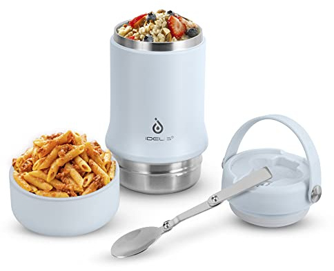 Ideus Soup Thermo with Foldable Spoon and Bowl 20oz, All-in-one Insulated Bento Lunchbox Stainless Steel Leakproof Portable Soup Container Vacuum Thermal Food Jar for Lunch (Light Blue)