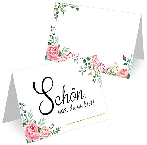 DPKOW 60 Stück Hochzeit Tischkarten mit Blumendesign, Schön DASS Du da Bist Platzkarten zum Beschriften Tischkarten für Geburtstag Konfirmation Taufe Hochzeit Namenskarten Namensschilder