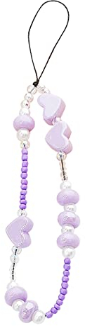 URFEDA Handykette Perlen Handy Lanyard Handyanhänger Böhmische Herz Perle Handykette Telefon Anhänger Anti Verlorene Telefon Kette Handgelenkschlaufe Schlüsselbund Handy Schmuck Hängen Chian Lila