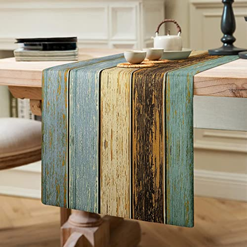 Chemin de Table Vert - Moderne - en Bois Vieilli et Rustique - Idéal pour Le Salon, la Table à Manger, Les fêtes, Les Mariages - 40 x 140 cm - Bleu et Marron
