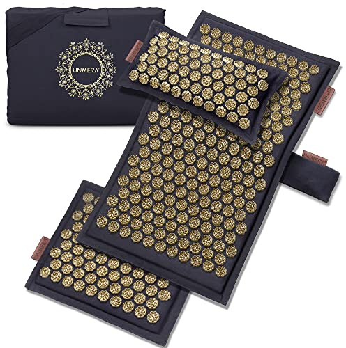 UNMERA Juego de alfombrilla y almohada de acupresión, relleno de lino natural y fibra de coco | Alivio del dolor de espalda/cuello, ciática, dolor de cabeza y relajación muscular, viene con bolsa de transporte