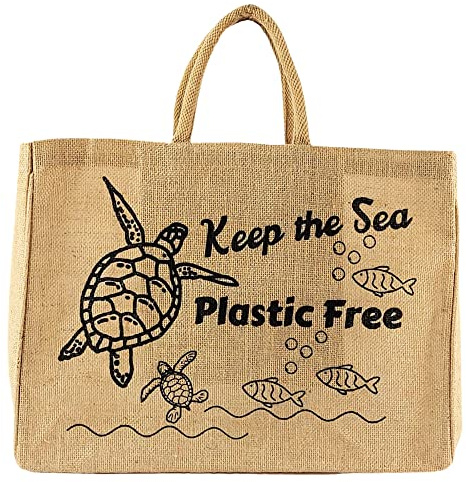 Domelo Einkaufskörbe. Bedruckte Einkaufstasche. Jute Tasche groß. Korbtasche, wasserabweisenden Strandtasche. Jutetaschen Shopper als Shopping bag. Tragetasche (keep the sea free)