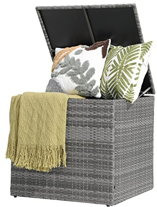 Patiorama 88 Gallon Wicker Deck Box, Indoor/Outdoor Storage Box for Patio Cushions and Gardening Tools - Resin Rattan Patio Cushion Storage Bin, Grey