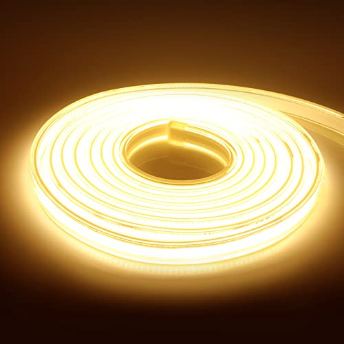 KISUFU DC 220V COB flexible LED bande lumineuse ip65 imperméable à l'eau super lumineux dimmable LED bande lumineuse haute luminosité 360 LED/M LED avec cordon d'alimentation. 1m, Blanc chaud.