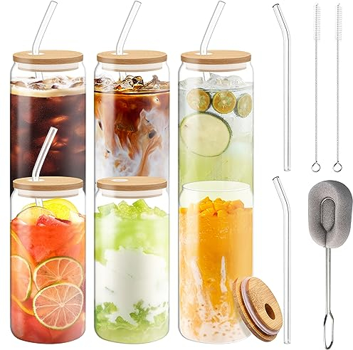 TAVADA Vaso de Cerveza con Tapa y Pajita,Vaso de Vidrio en Forma de Lata,6 Unidades Bubble Tea Taza,550ml,Vaso de Vidrio Reutilizable,Vasos de Soda Para Batidos,Jugo,Boba,Té,Coca