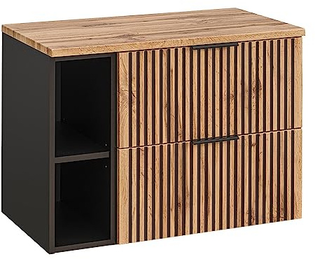 Lomadox Waschbeckenunterschrank Waschtischunterschrank Badezimmer Unterschrank mit Regal 80,6x59,2x46,5 cm anthrazit mit Eiche Nb. Schwarze Rillen