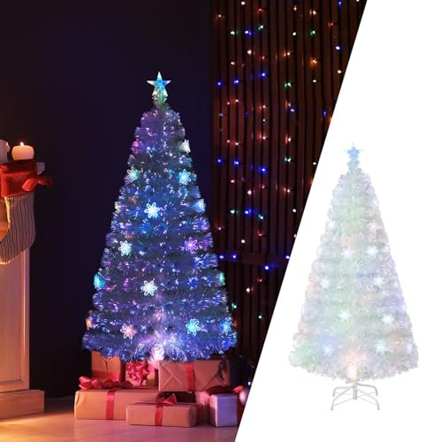 COSTWAY 150 cm Weihnachtsbaum Künstlich mit Beleuchtung, Tannenbaum mit bunten LED-Lichtern & Glasfaser & Sternspitze, Christbaum für Zuhause Büro Geschäfte Hotels, Weiß