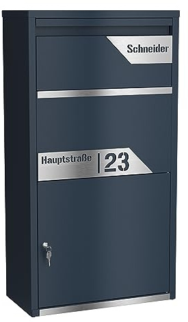 Graviers Design Paketbriefkasten personalisiert freistehend - pulverbeschichteter Stahl mit Edelstahl Namensschild Gravur Schnitt - Briefkasten Rückholsperre Postbox für Pakete Paketbox Design 8