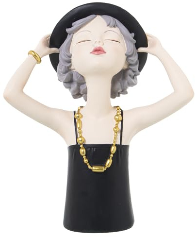 DRW Figura di Un Busto di Ragazza con Cappello in Resina Oro 19x10x23cm, Nero e Dorato