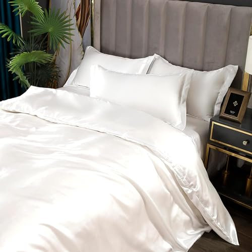 Bettbezug-Set – Seidenbettwäsche, 4-teilig, luxuriöses, weiches Ganzjahres-Set, 1 Bettbezug + 1 flaches Bettlaken + 2 Kissenbezüge, for Schlafzimmer, Gästezimmer ( Color : White , Size : Twin Size 3pc