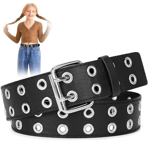 BUKYCAT Cintura in Pelle PU Doppio Occhiello Goth Punk Rock Regolabile per Abiti, Gonne e Jeans (Nero)