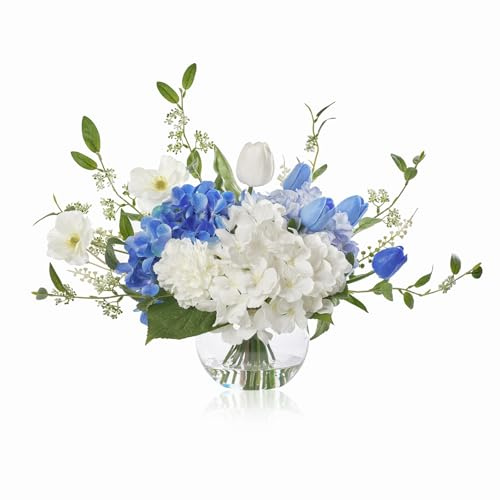 WELL KNOWN Artificial Flowers with Vase, Silk Hydrangea Bouquet and Peonies in Vase with Faux Water for Home Decor, Fake Tulips Flower Arrangements for Birthday Wedding Party Table Centerpieces (Blue)