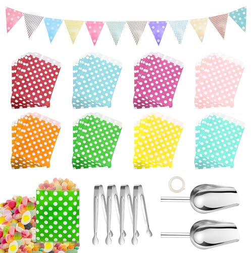 FIHODONE 87 PCS Candy Bar Accessories Colorful,Contains 80 Sweet Bags,4 Sweet Tongs,2 Candy Bar Scoops and 1 Bar Banner for Celebrate for Birthday,Party Bags for Wedding