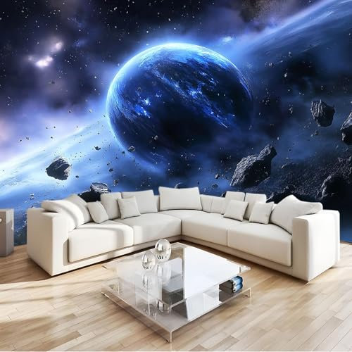 Fototapete 3D Effekt Wallpaper Weltraum Sterne Planeten Vlies Wanddeko Wandbild Tapete Blau Schwarz 3D Panorama Poster Schlafzimmer Wohnzimmer Kinderzimmer Wandbild 400 x 280 cm