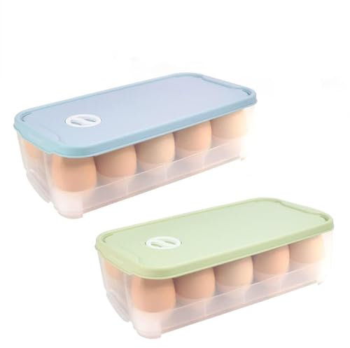 KNGNGK 2 Portauova di Plastica Contenitore per Uova da Frigorifero con Numero 1,5,10,15,20,30 Giorni Portauova per Frigoriferi con Coperchio Scatole di Uova Impilabile, per 20 Uova (Blu e verde)