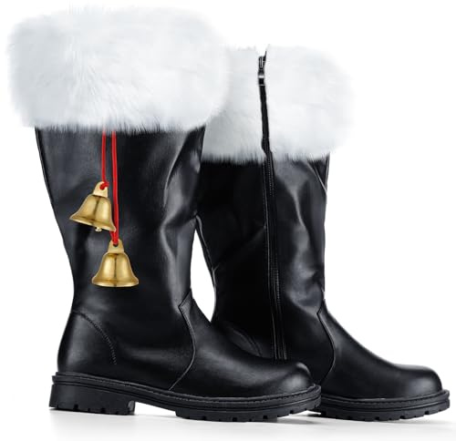 Liitrsh Christmas Santa Claus Boots Men's Wide Calf Santa Combat Boots with White Plush Cuffs Foot Bells Buckle Strap for Halloween Christmas Costume