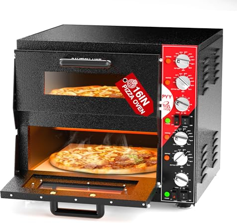 PYY Indoor 16in Pizza Oven - Double Decker Electric Pizza Ovens Countertop with Pizza Stone, 60-Min Ring Timer, for Home and Restaurant Commercial, 3200W, ETL Listed,Black