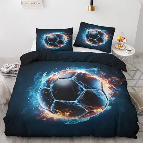 Générique Housse de Couette Football 140x200 pour 1 Personne - Parure de Lit Imprimée Football, 1 Taie d'oreiller 65x65, Linge de Lit Microfibre Douce avec Fermeture Éclair M&-3948