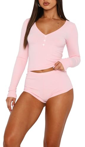 LACOZY 2-teiliges Pyjama-Set für Damen, sexy Pyjama-Shorts, Y2K, V-Ausschnitt, langärmelig, bauchfreies Top, Lounge-Set, Nachtwäsche mit Knopfleiste