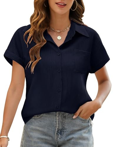 Niwicee Chemisier Femme Elegant - Blouse d'Ete Lin avec Boutons et Poches, Col V Top Manche Courte Casual T-Shirt