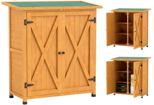 Outsunny Wooden Garden Storage Shed, Tool Cabinet Organiser with Shelves and Double Door, 110 x 55 x117cm, Yellow