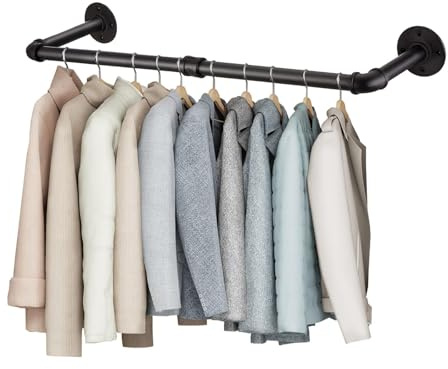 HTRTRR 120cm Wandmontierte Kleiderstange – Schwarze Metall Wandgarderobe im Industrie Design – Platzsparende Kleiderhalterung für Schlafzimmer, Flur, Geschäft
