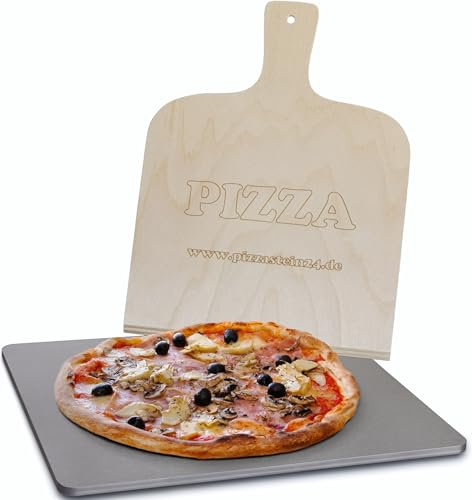Pizzastahl Backstahl 38x33cm | 8mm geschliffener Stahl für Ofen & Grill | Set mit Pizzaschaufel. Geschliffener, massiver 8mm dicker Premium Backstahl für beste Hitzeleitung und extra knusprige Pizza