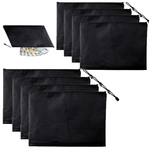 Geldtasche, Geldtaschen mit Reißverschluss 8 Stück Geldtaschen Banktasche, Geldmappe A5, wasserdichte Bankmappe mit Reißverschluss, Dokumententasche für Haushalt, Business, Schule, Schwarz