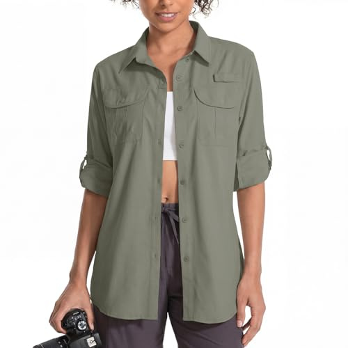 Langärmeliges Sonnenshirt für Damen, LSF 50, Safari, Wandern, Angeln, schnelles Selbermachen, UV-Schutz, Knopfleiste, Reise-Shirt für Gartenarbeit