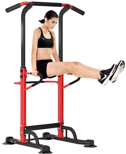 SDHYL Barre de Traction sur Pied Pull-Up Bar Power Tower Ajustable Dip Station de Musculation Entraînement (Rouge/noir)