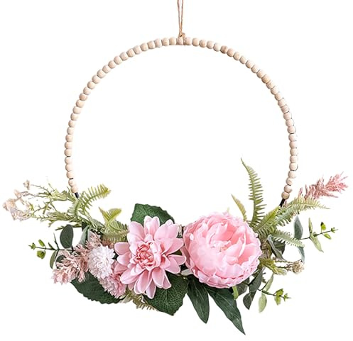 Türkranz Deko, 40cm Pfingstrosen Künstlich Metallring Haustür Deko Türkranz Sommer, Fensterdeko Hängend Türkranz Ganzjährig für Haustür Hochzeitsdeko (Rosa)