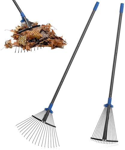 Harrms Gartenrechen Laubrechen, 18-zinkiger Metallrechen mit verstellbarem Kopf 25-45 cm, Rasenrechen Laubbesen mit ergonomischem Stiel 135 cm für müheloses Laubaufsammeln, Gartenabfälle beseitigen