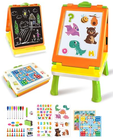Elovien Kids Easel, 4 in 1 Double Sided Toddler Art Easel with Chalkboard & Magnetic Whiteboard, Foldable Tabletop Easel with Drawing & Writing Accessories - Educational Toy for Boys Girls (Orange)
