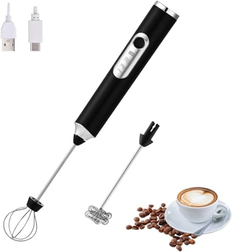 FIOUSY Mousseur à lait électrique portable avec 2 têtes, fouet mélangeur à mousse avec USB rechargeable 3 vitesses, mélangeur de mousse pour latte, cappuccino, chocolat chaud, œuf (Noir)