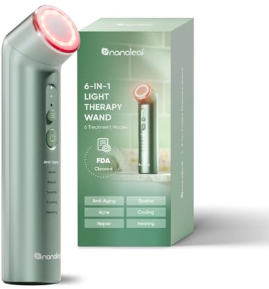 Nanoleaf FDA-Cleared 6-in-1 Light Therapy Wand for Face & Neck, Facial Massager with Red & Blue Light, Vibration, Heat & Cooling, Light Therapy Device for Anti-Aging & Acne
